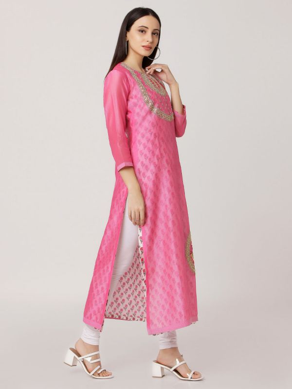 Pink Colour Pure Chanderi Stright Kurti With Printed Inner