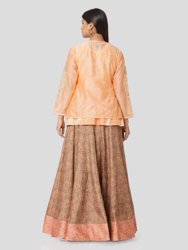Peach Orange Chanderi Jacket Top With Hand Embroidery & Printed Skirt With Tassels