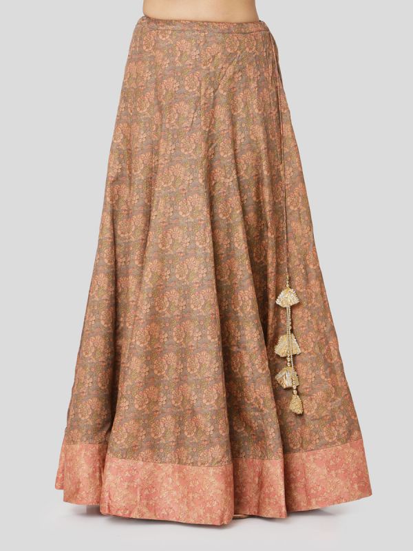 Peach Orange Chanderi Jacket Top With Hand Embroidery & Printed Skirt With Tassels