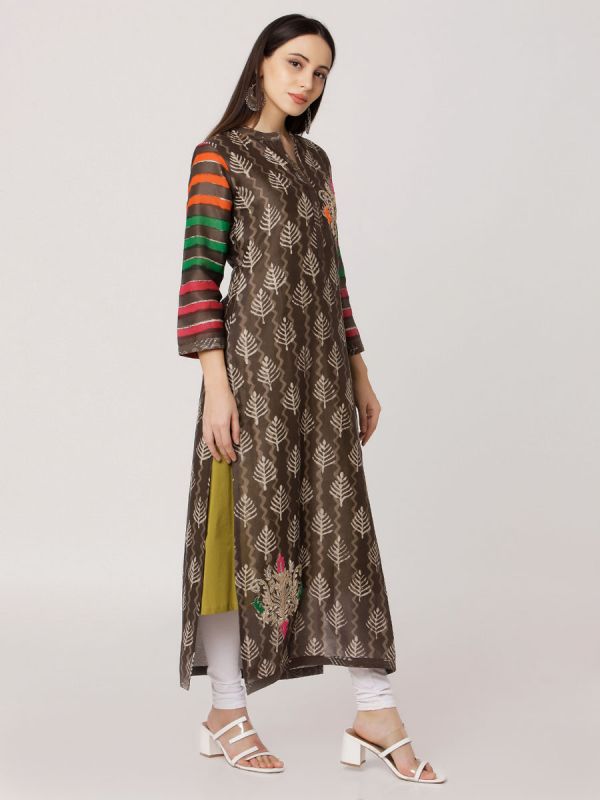 Brown Colour Pure Printed Chanderi Hand Embroidered Straight Side Slit Kurti With Plain Inner