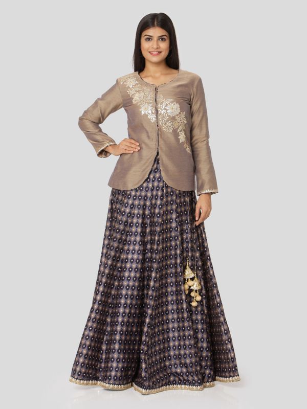 Beaver Brown Chanderi Jacket With Hand Embroidery & Printed Skirt With Tassels