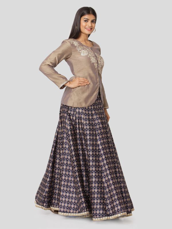 Beaver Brown Chanderi Jacket With Hand Embroidery & Printed Skirt With Tassels