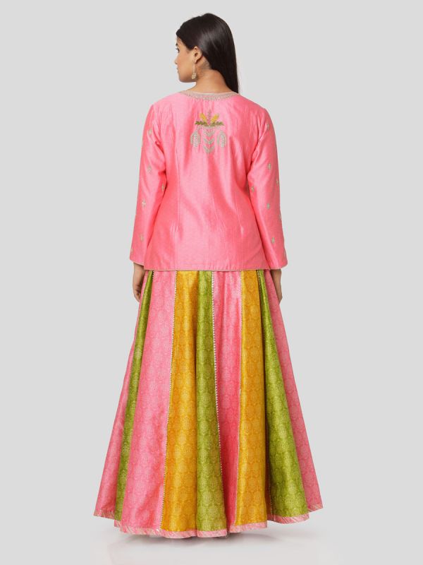 Candy Pink Chanderi Jacket With Hand Embroidery & Printed Multi Colour Skirt With Tassels