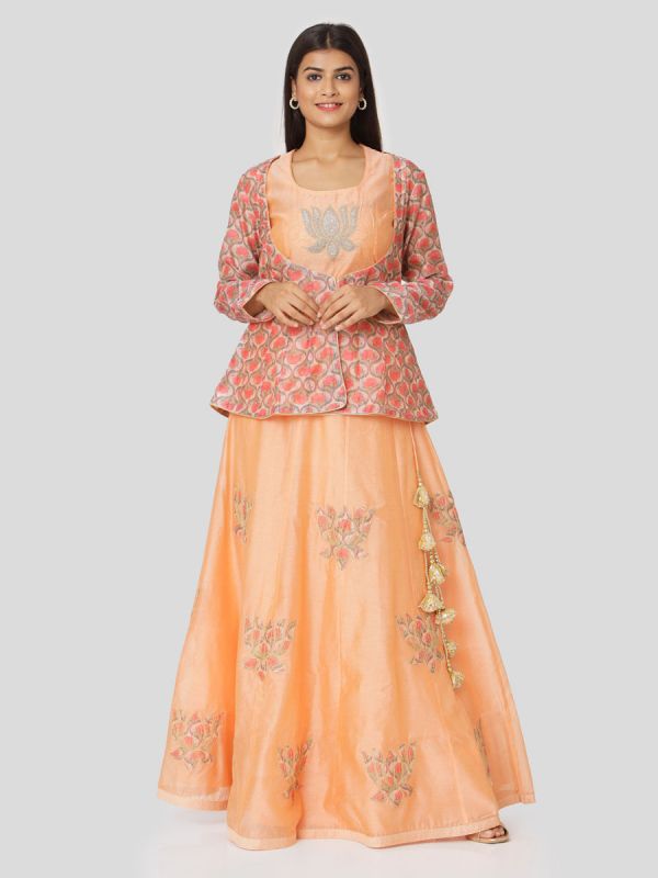 Coral Peach Chanderi With Multi Colour Jacket & Hand Embroidery Aplic Work Skirt With Tassels
