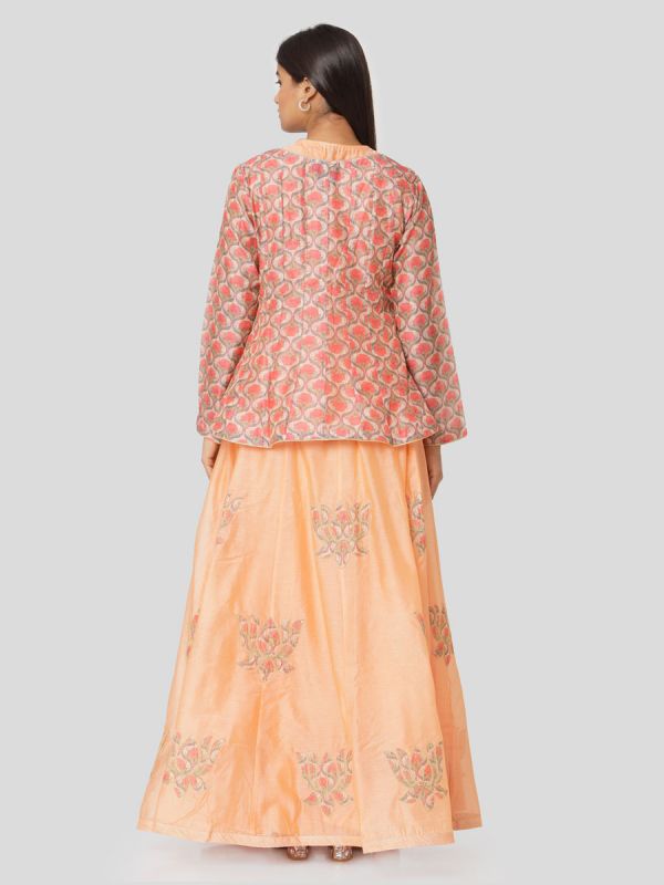 Coral Peach Chanderi With Multi Colour Jacket & Hand Embroidery Aplic Work Skirt With Tassels