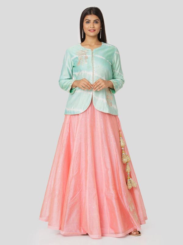 Mint Green Chanderi Tie & Dye Jacket Top With Hand Embroidery Mirror Work Plain Pink Skirt With Tassels