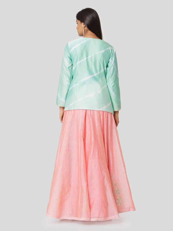 Mint Green Chanderi Tie & Dye Jacket Top With Hand Embroidery Mirror Work Plain Pink Skirt With Tassels