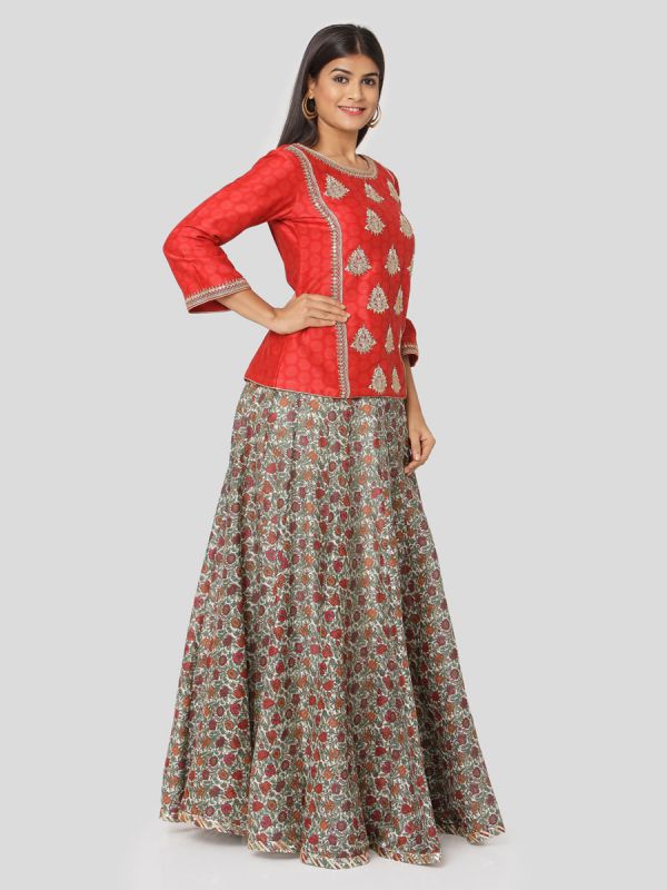 Apple Red Chanderi Top With Hand Embroidery & Multi Colour Skirt With Tassels