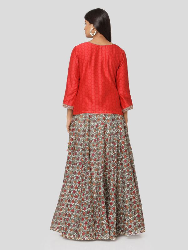 Apple Red Chanderi Top With Hand Embroidery & Multi Colour Skirt With Tassels