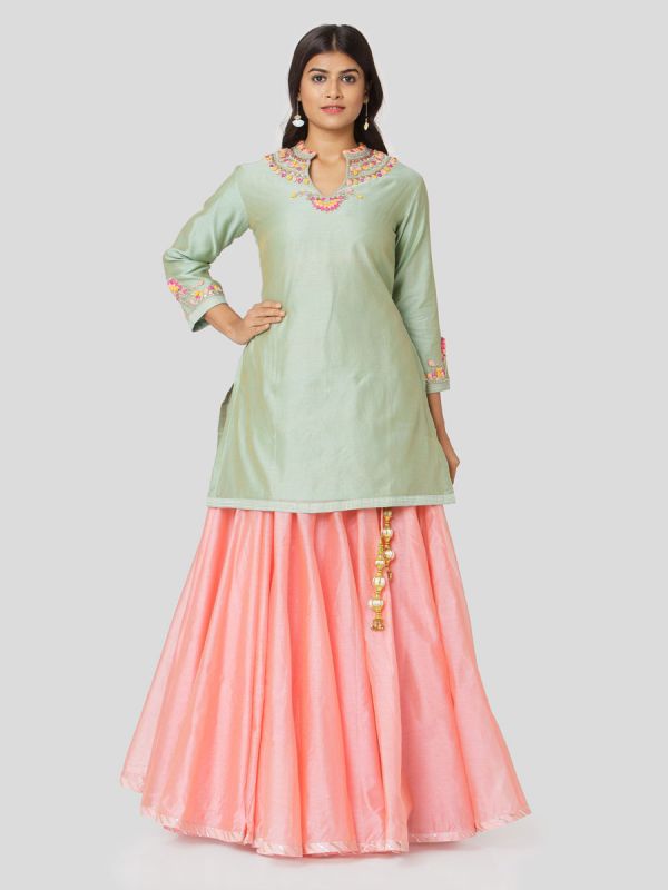 Moss Green Chanderi Long Top With Hand Embroidery & Plain Pink Skirt With Tassels