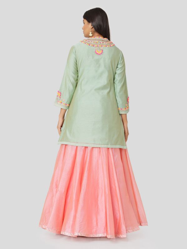 Moss Green Chanderi Long Top With Hand Embroidery & Plain Pink Skirt With Tassels