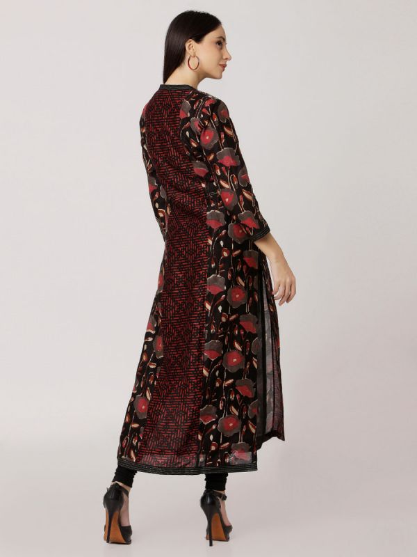 Black & Maroon Pure Colour Printed Chanderi Hand Embroidered Straight Side Slit Kurti With Plain Inner