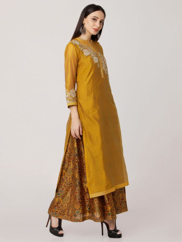 Mustard Colour Pure Chanderi Kurti With Side Slits And Printed Long Inner