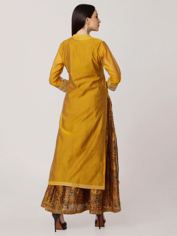 Mustard Colour Pure Chanderi Kurti With Side Slits And Printed Long Inner