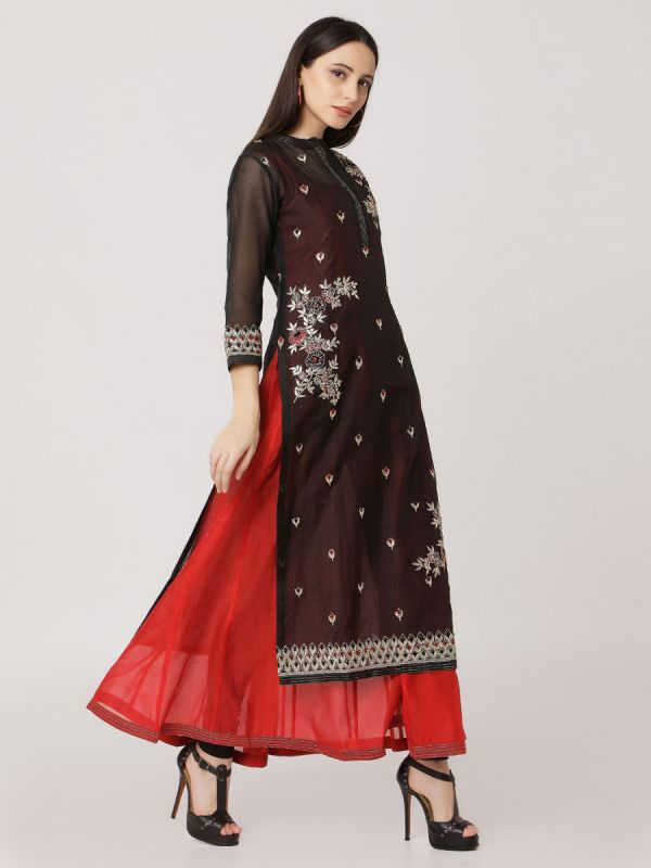 Black Colour Pure Chanderi Hand Embroidered Kurti With Plain Long Inner