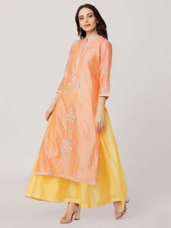 Orange Colour Pure Chanderi Hand Embroidered Kurti With Plain Long Inner
