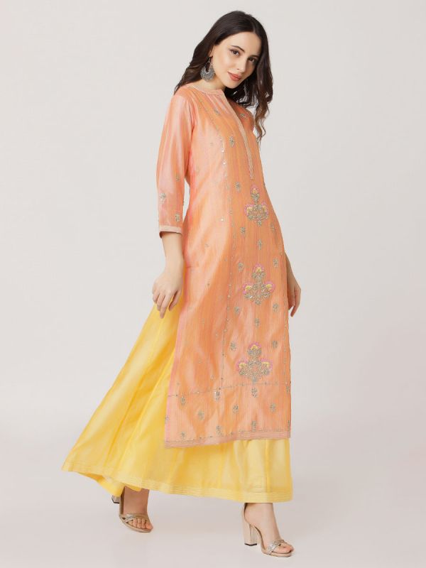 Orange Colour Pure Chanderi Hand Embroidered Kurti With Plain Long Inner