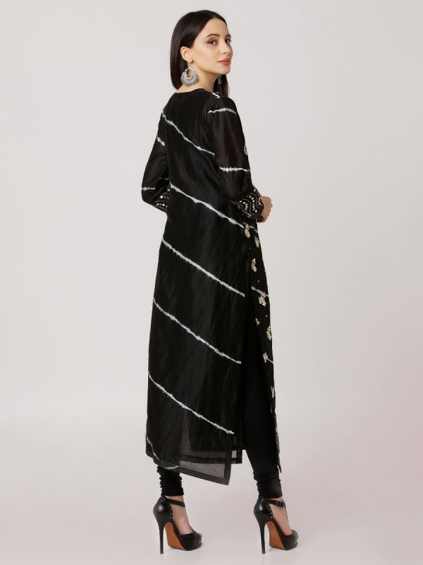 Black Colour Pure Chanderi Tie & Dye Hand Embroidered Straight Kurti With Side Slits Along Plain Self Inner
