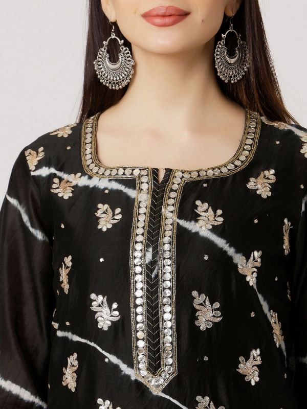 Black Colour Pure Chanderi Tie & Dye Hand Embroidered Straight Kurti With Side Slits Along Plain Self Inner