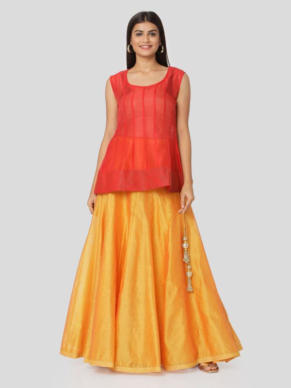 Venetian Red Chanderi Long Top With Gota Patti Work & Plain Orange Skirt With Tassels