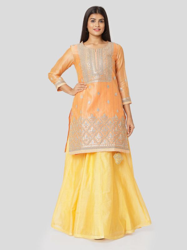Coral Orange Chanderi Jacket With Hand Embroidery & Plain Yellow Skirt With Tassels