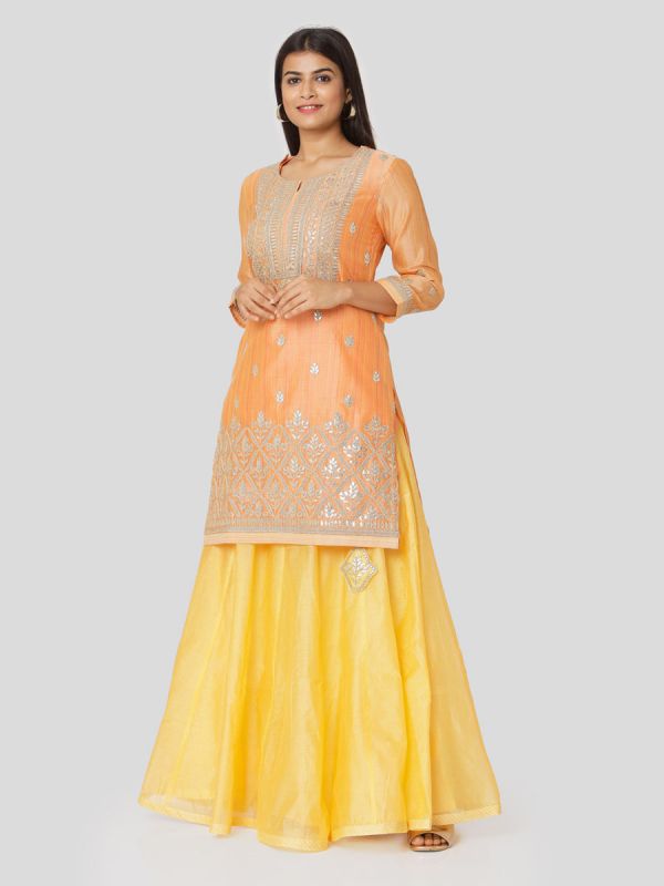 Coral Orange Chanderi Jacket With Hand Embroidery & Plain Yellow Skirt With Tassels