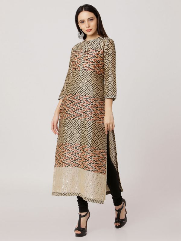 Beige Colour Pure Printed Chanderi Hand Embroidered Straight Kurti With Plain Inner