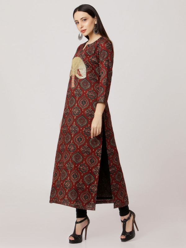 Maroon Colour Pure Printed Chanderi Hand Embroidered Straight Kurti With Black Plain Inner