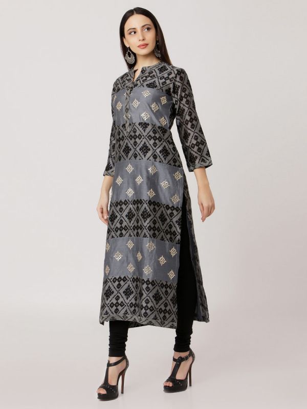 Grey Colour Pure Printed Chanderi Hand Embroidered Straight Kurti With Self Plain Inner