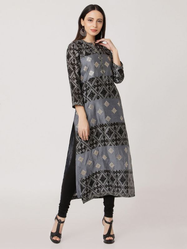 Grey Colour Pure Printed Chanderi Hand Embroidered Straight Kurti With Self Plain Inner
