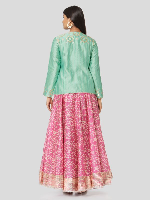 Aquamarine Green Chanderi Jacket Top & Printed Pink Skirt With Gota Patti Work