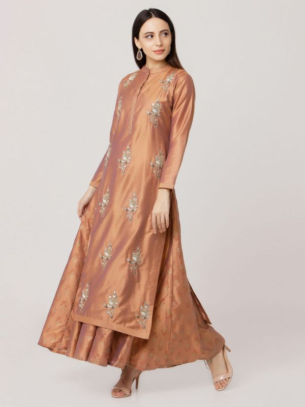 Copper Colour Pure Chanderi Hand Embroidered Kurti With Printed Long Inner