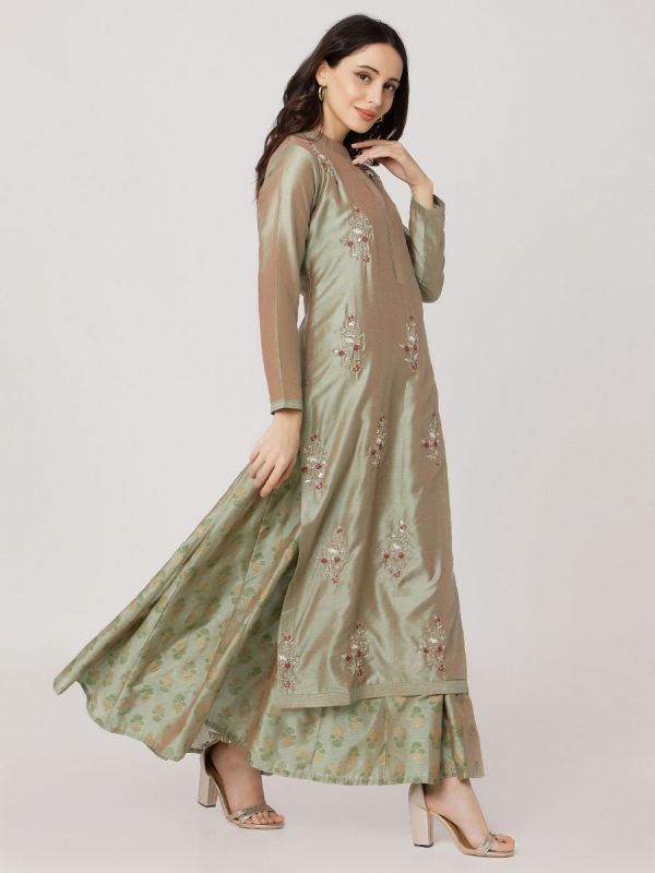 Metallic Green Colour Pure Chanderi Hand Embroidered Kurti With Printed Long Inner