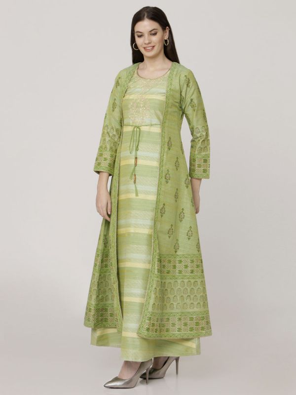 Pastel Green Colour Chanderi Long Jacket Kurti With Hand Work & Block Print Work Comes With Weaving Inner