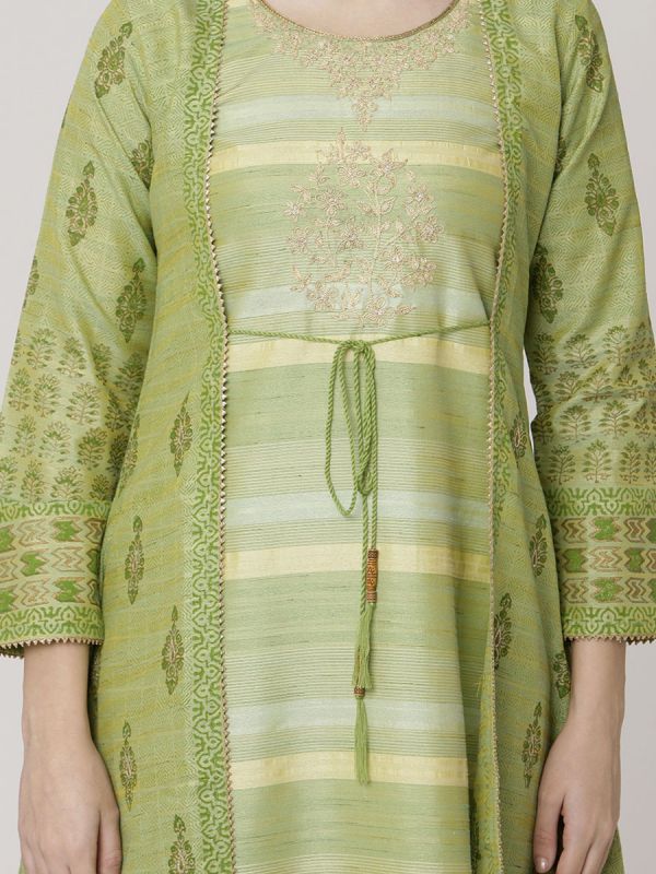Pastel Green Colour Chanderi Long Jacket Kurti With Hand Work & Block Print Work Comes With Weaving Inner