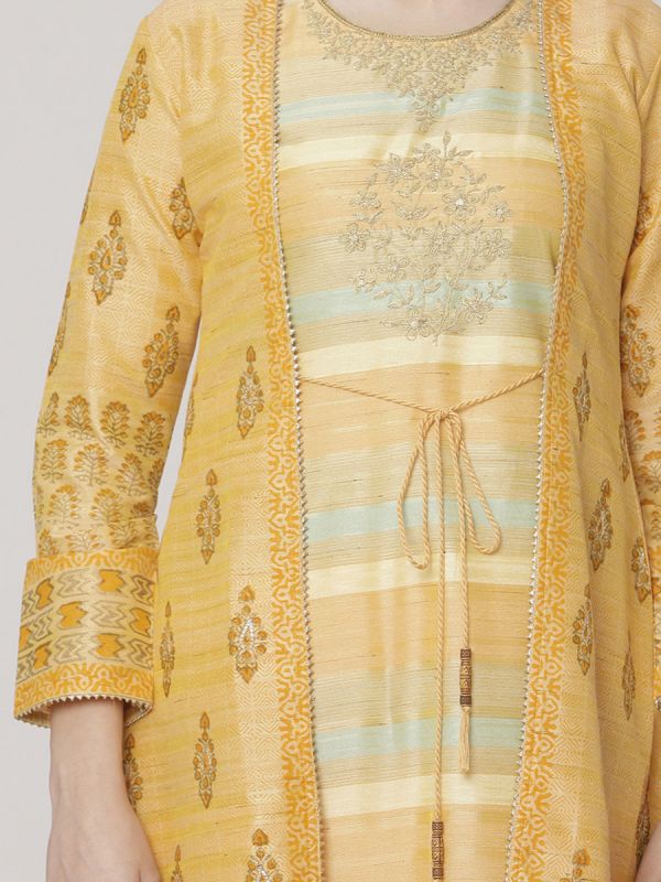 Pastel Orange Colour Chanderi Long Jacket Kurti With Hand Work & Block Print Work Comes With Weaving Inner