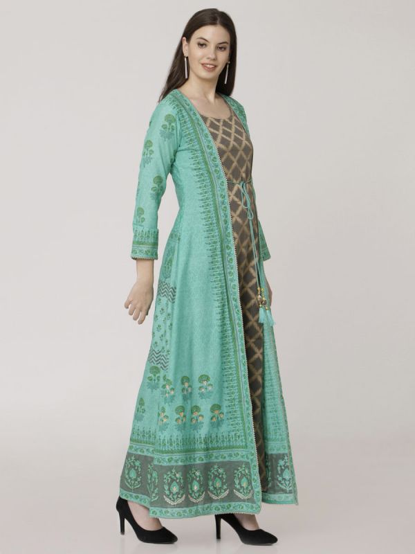 Turquoise Colour Chanderi Long Jacket Kurti With Hand Work & Block Print Work Comes With Banarasi Inner