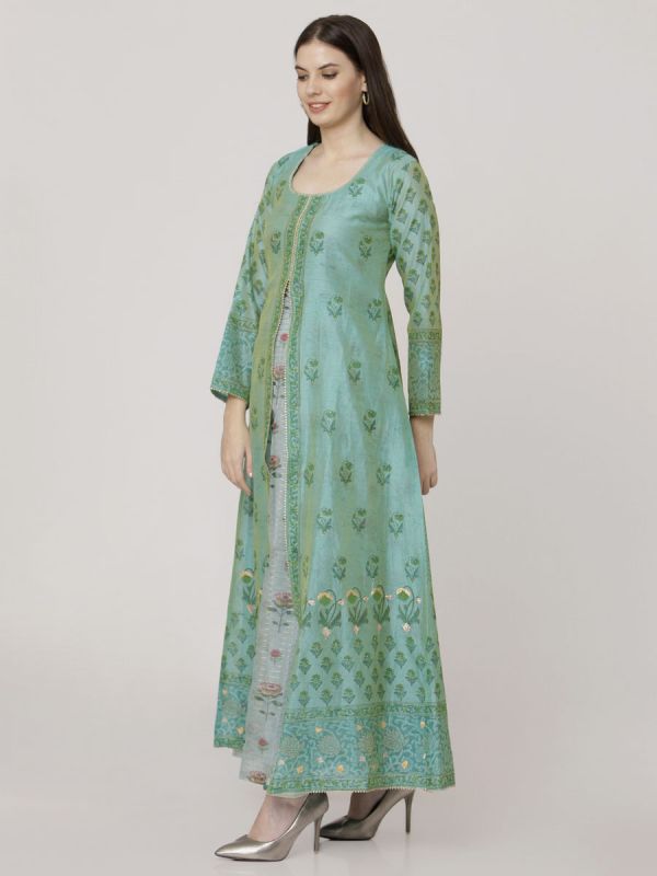Sea Green Colour Pure Chanderi Block Print & Hand Work Jacket Kurti With Banarasi Printed Inner