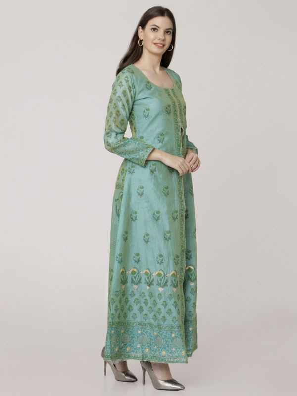 Sea Green Colour Pure Chanderi Block Print & Hand Work Jacket Kurti With Banarasi Printed Inner