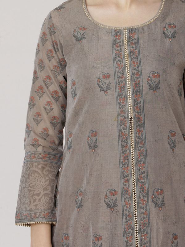 Battleship Grey Colour Pure Chanderi Block Print & Hand Work Jacket Kurti With Banarasi Printed Inner