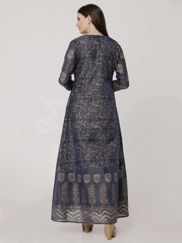 Payne'S Grey Colour Pure Chanderi Block Print & Hand Work Long Jacket Kurti With Banarasi Printed Inner