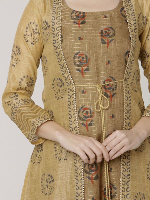 Beige Colour Pure Chanderi Block Print & Hand Work Long Jacket Kurti With Banarasi Printed Inner