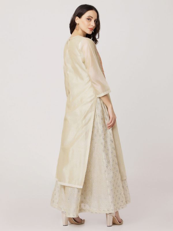 Ivory Colour Pure Chanderi Kurti With Side Slits Hand Embroidery Work & Long Block Print Inner