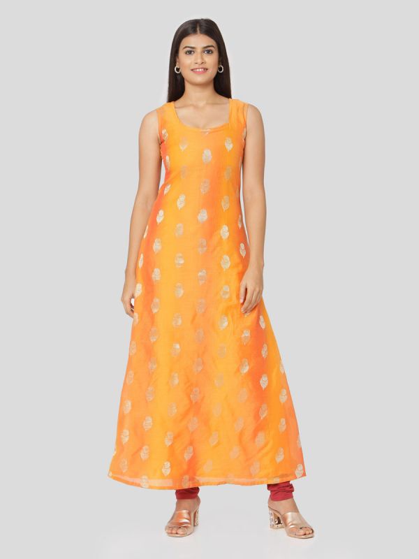 Orange Colour Pure Chanderi Hand Block Jacket Print Kurti With Banarasi Printed Yellow Inner