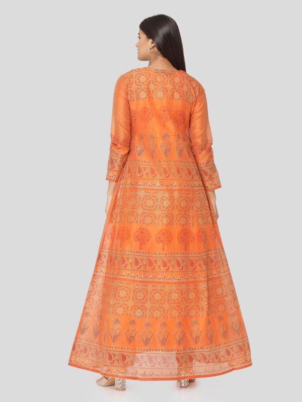 Orange Colour Pure Chanderi Hand Block Jacket Print Kurti With Banarasi Printed Yellow Inner