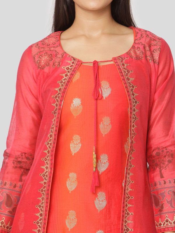 Peach Colour Pure Chanderi Hand Block Jacket Print Kurti With Banarasi Printed Orange Inner