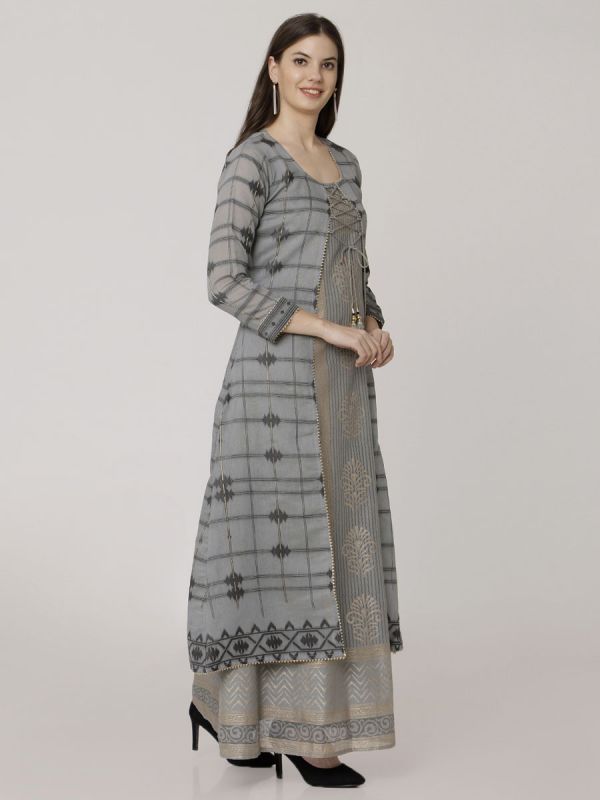 Grey Colour Pure Chanderi Weaving Long Jacket Kurti With Banarasi Block Printed Inner