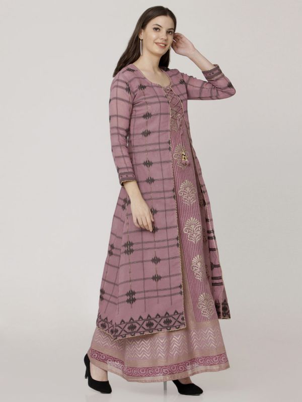 Wine Colour Pure Chanderi Weaving Long Jacket Kurti With Banarasi Block Printed Inner