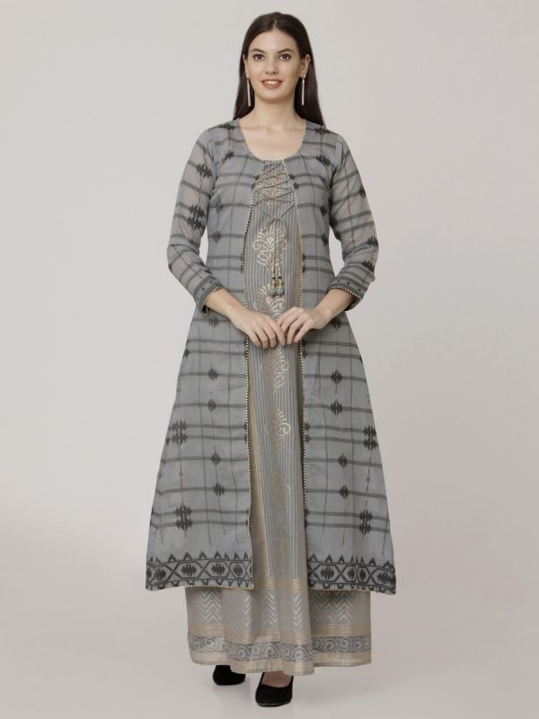 Grey Colour Pure Chanderi Weaving Long Jacket Kurti With Banarasi Block Printed Inner