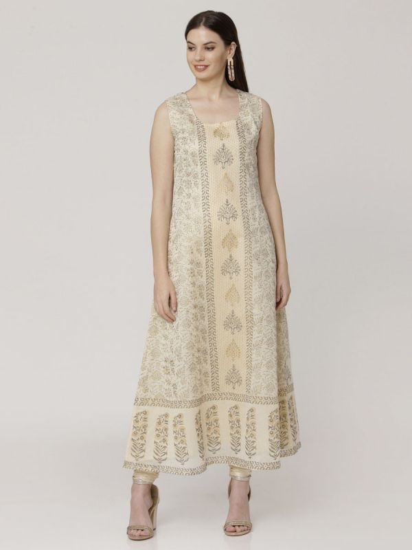 Cream Colour Pure Chanderi Weaving Long Jacket Kurti With Banarasi Block Printed Inner